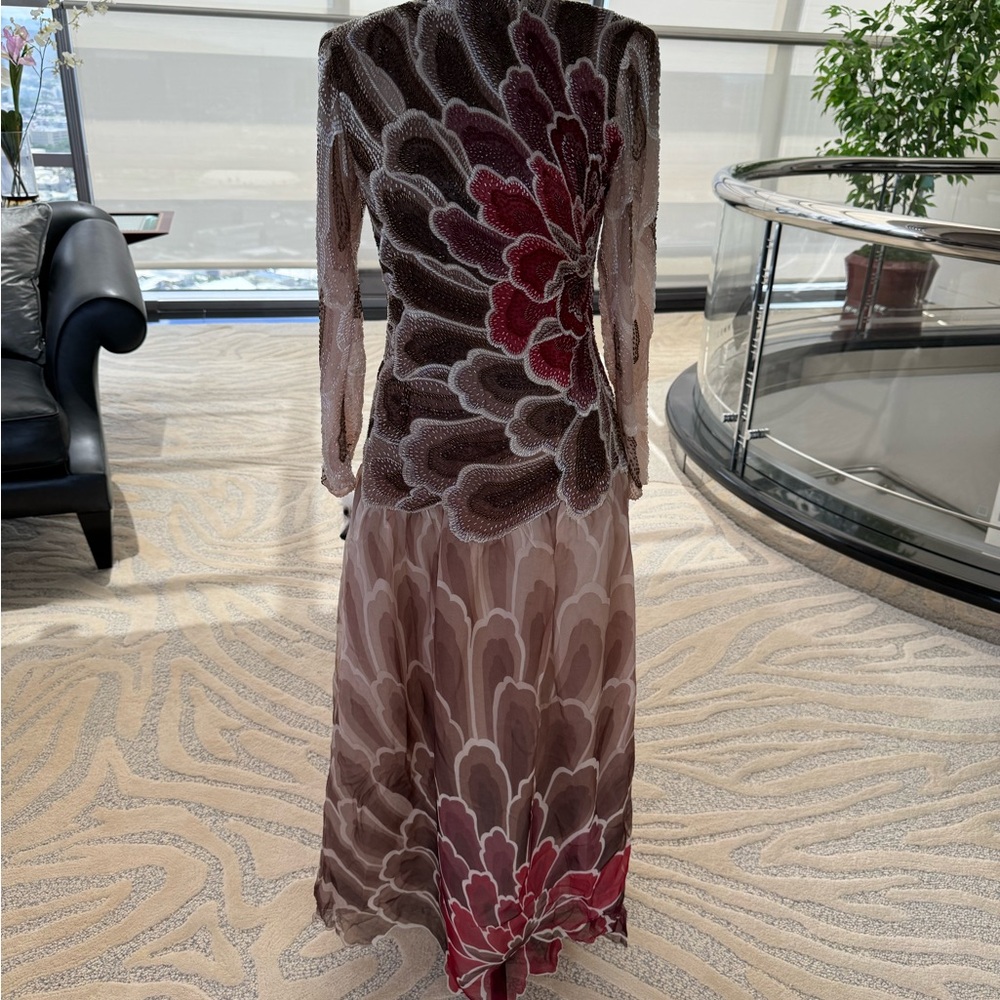 Vintage Hanae Mori Hand Beaded Long Sleeve Floral Dress in Burgundy/ Brown